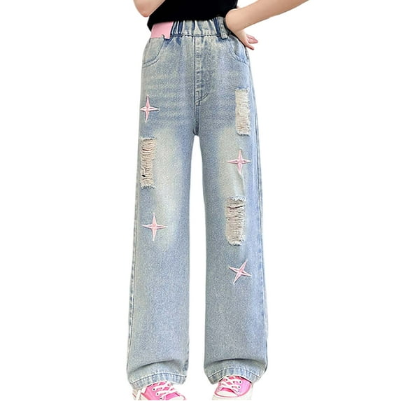 Jeans for Teens Fashion Summer Thin Breathable Child Toddler Girls Jeans Elastic Waist Personality Wide Leg Demin Pants Girls Jeans Sky Blue 5 Years-6 Years