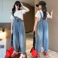 thumbnail image 1 of Jeans for Kids Toddler Girls Summer Thin Breathable Elastic Waist Wide Leg Jeans Casual Demin Overalls with Pockets Jeans for Girls Sky Blue 4 Years-5 Years, 1 of 7