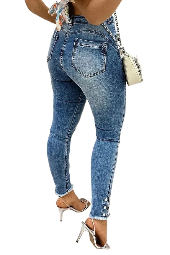 Jeans | Western retro distressed flared jeans, high-waist design, featuring gold paisley pattern embroidery and contrasting color stitching, elastic fabric for enhancing the silhouette