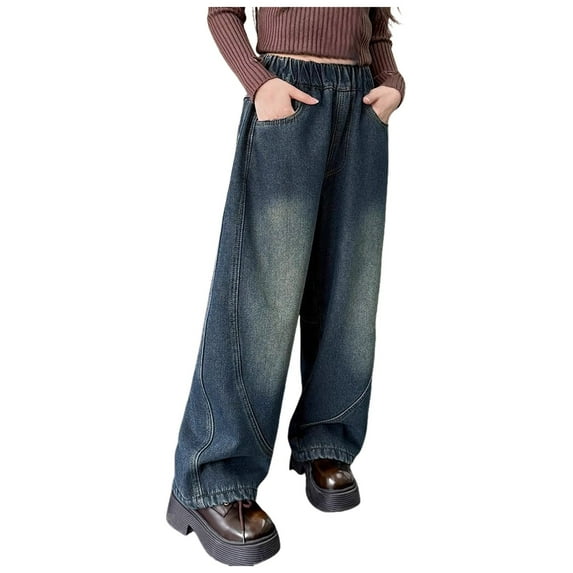 Jeans With Bows On The Side Girls Wide Leg Jeans Baggy Bow Embroidery High Elastic Waist Denim Pants Cute Y2K Trendy Tween Streetwear 8-16Y