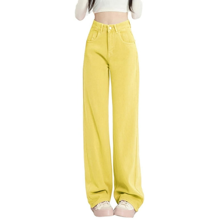 Jeans for Women Fashion Sweet Wide Leg Solid Color Jeans Summer High Waist Straight Dragging Loose Skinny Design Pants Baggy Jeans Wide Leg Jeans Women Color Yellow Size M Walmart