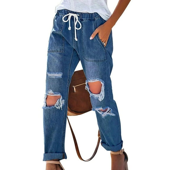 Jeans Women Petite Drawstring Ripped Distressed Straight Leg Classic Denim Women Trousers
