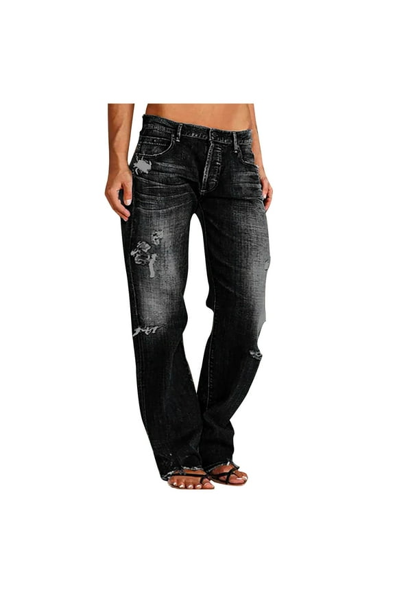 Jeans for Women Straight Legs Vintage Flare Denim Pants with Pockets Bootcut Pull On Regular Fit Loose Streetwear Flat Front Workwear Baggy Casual Stretchy Loungewear