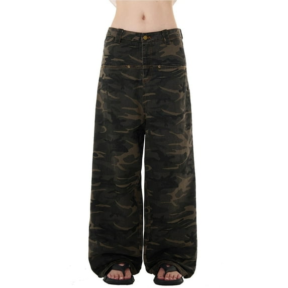 Jeans Women Stylish Retro Camo Straight Leg Baggy Wide Leg Denim Pant Women's Pants Camouflage S