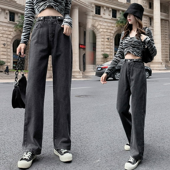 Jeans Women Wide Leg Jeans Casual Pants Hight Waist Distressed Straight Vintage Trouser Loose Boyfriends Jeans Denim Pants Black,10