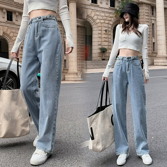 Jeans Women Wide Leg Jeans Casual Pants Hight Waist Distressed Straight Vintage Trouser Loose Boyfriends Jeans Denim Pants Blue,10