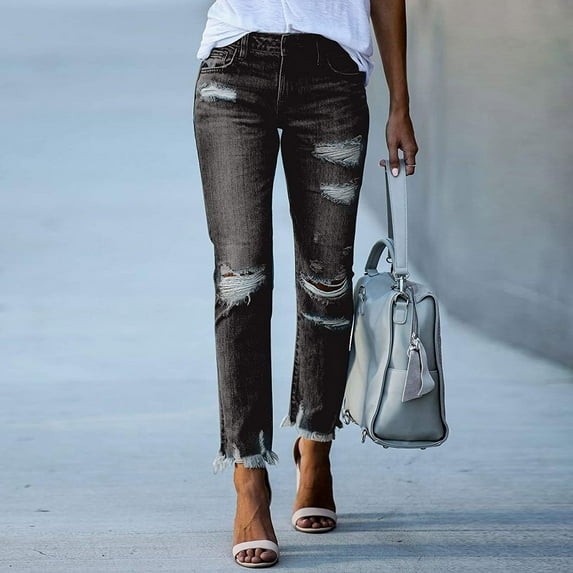 Jeans Women Wide Leg Jeans Fashion Solid Pokets Slim-Fit Skinny Ripped Jeans Casual Pants Jeans For Women Black,4