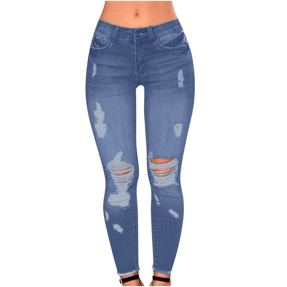 Jeans For Women,Womens Jeans,Women's Solid Color Ripped Trousers Casual Pants With Pockets,Ankle Jeans For Women,Women's Boyfriend Jeans Stretchy Ripped Distressed Denim Pants(Blue XL)