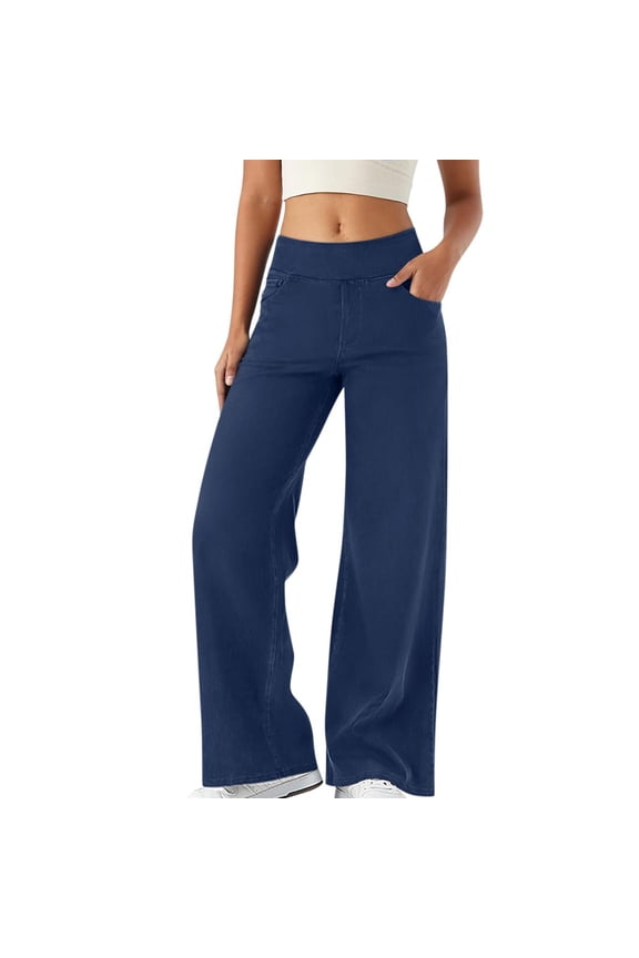 Jeans for Women Womens Pants 14 Tall Mod Mom High Jean Pants for Women Denim Knit Jean Woman Women's Jeans Stretch Waist Denim Waist Flared Belt Pocket Wide Leg Stretch Blue XL