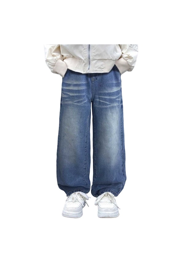 Jeans for Boys Baggy Wide Leg Denim Pants Casual Loose Fit Y2K Skater Jeans Vintage Straight Hip Hop Streetwear Trousers Years 7-14 Blue