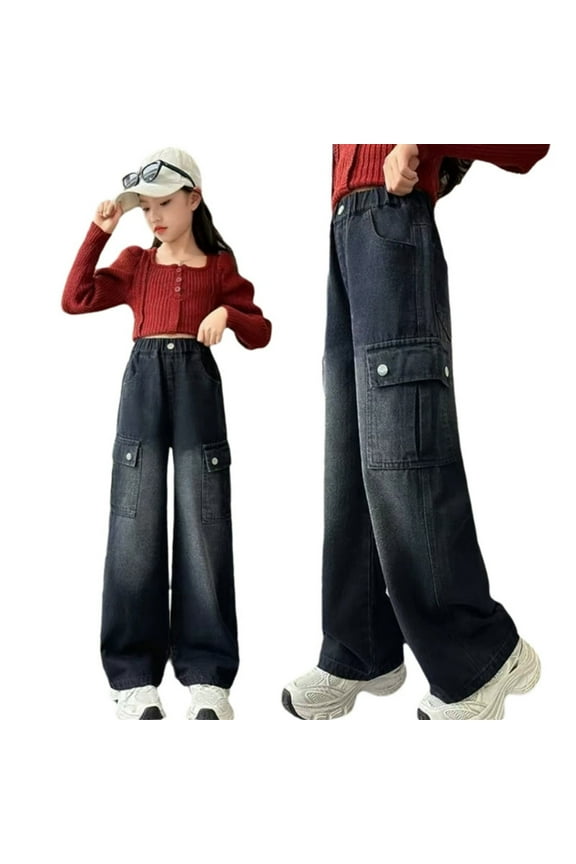 Jeans for Girls Streetwear Cute Cargo Pants Teen Girl Denim High Waist Wide Leg Back to School Fashion Jean