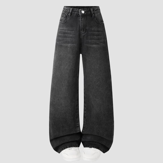 Jeans for Girls Wide Leg Baggy Denim Pants High Waisted Y2K Streetwear Trousers (Black)
