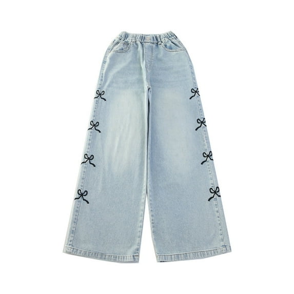 Jeans for Kids with Bows Casual Loose Jeans Girls Straight Leg Jeans with Pockets High Waisted Wide Leg Jeans for Girls 7-8 Years