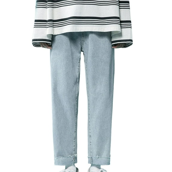 Jeans for Men Baggy Straight Fit 9 Point Edge Loose Fit Denim Pants Solid Color Streetwear Fall Winter Trendy Casual Pants Light Blue 34