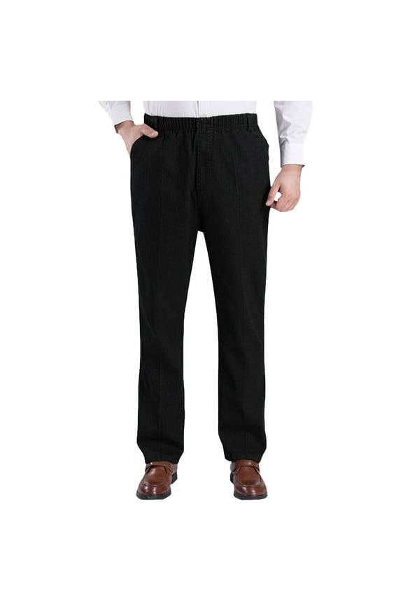 Jeans for Men Boots Cut High Waist Elasticated Waist Loose Denim Trousers with Pockets Stretchy Deep Crotch Solid Color Casual Pants Black XXXL