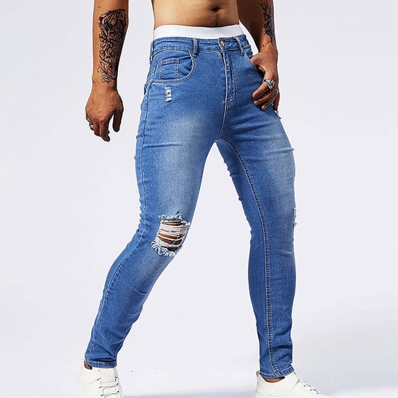 Jeans for Men Casual Fashion Perforated Pocket Solid Color Elastic Tight Fitting Small Leg Denim Pants