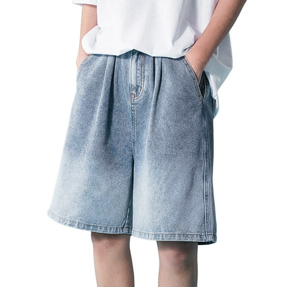 Jeans for Men Casual Gradient Straight Wide Leg Denim Shorts High Street Trend Loose Daily Wear Mens Jorts Blue M
