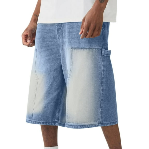Jeans for Men Casual Hip Hop Street Straight Wide Leg Denim Shorts with Pockets Comfortable Outdoor Activities Loose Mens Jorts YF Blue S