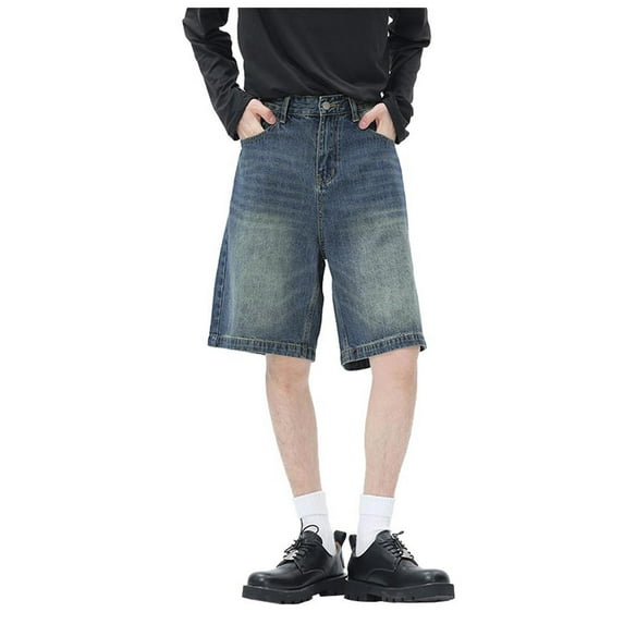 Jeans for Men Casual Retro Straight Wide Leg Denim Shorts Summer Loose Outdoor Streetwear Comfortable Mens Jorts YD Blue M