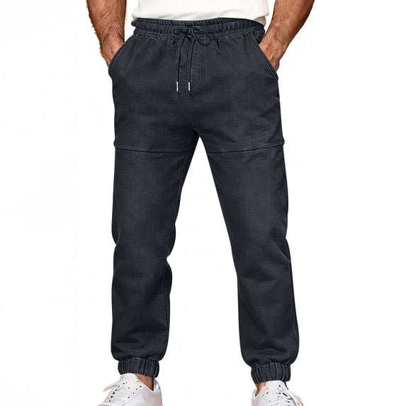 Jeans for Men Drawstring Elastic Waisted Straight Leg Faux Denim Joggers Pants Casual Lounge Pants with Pockets