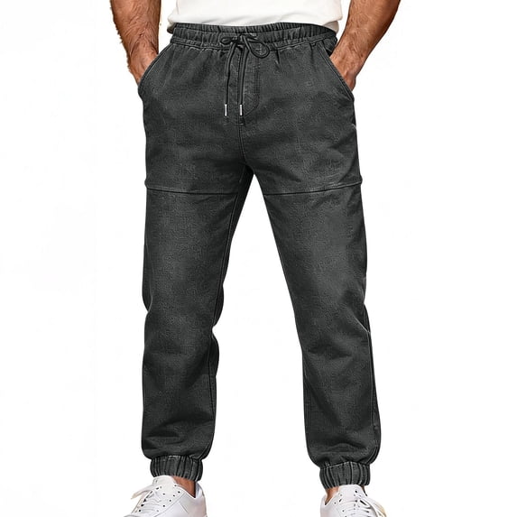 Jeans for Men Drawstring Elastic Waisted Straight Leg Faux Denim Joggers Pants Casual Lounge Pants with Pockets