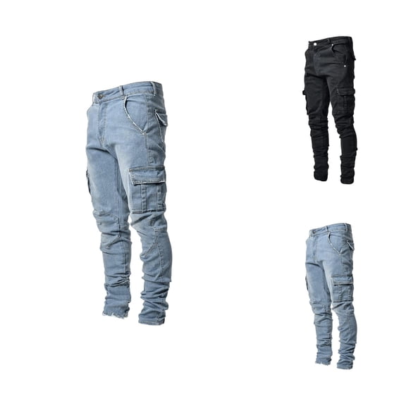 Jeans for Men Fashion Casual Mid Waist Straight Leg Cargo Denim Pants with Pockets Trousers