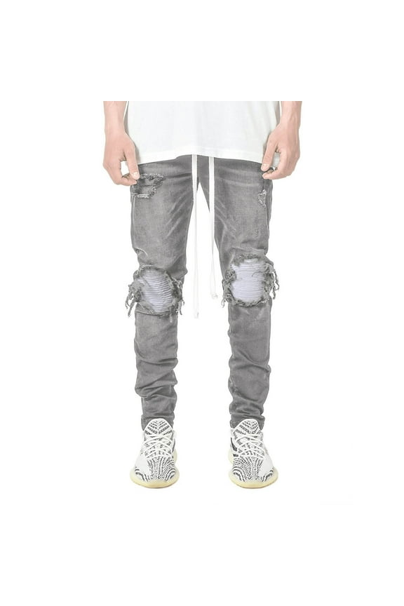 Jeans for Men Flex Waist Ripped Patchwork Sewn Jeans Denim Trousers Stretch Casual Loose Fit Outdoor Denim Pants