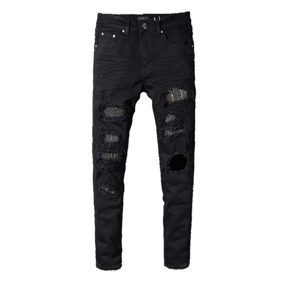 Jeans for Men High Street Fashion Black Ripped Hot Stamping Elastic Slim Fit Small Leg Pants Stretch Casual Comfort Outdoor Denim Pants