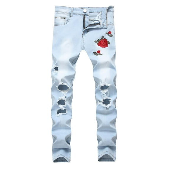 Jeans for Men Male Embroidered Rose Denim Ripped Slim Fit Stretch Trousers Mens Pants Light Blue 36