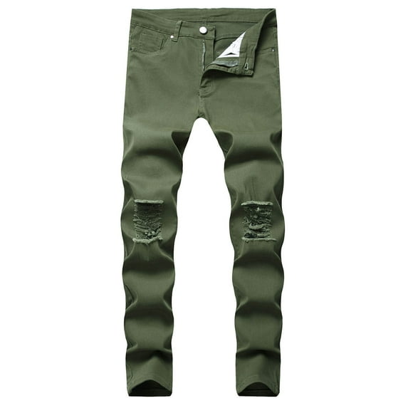 Jeans for Men Male Ripped Jeans Solid Color Ripped Pants Slim Knee Ripped Stretch Casual Jeans Baggy Jeans Army Green 40