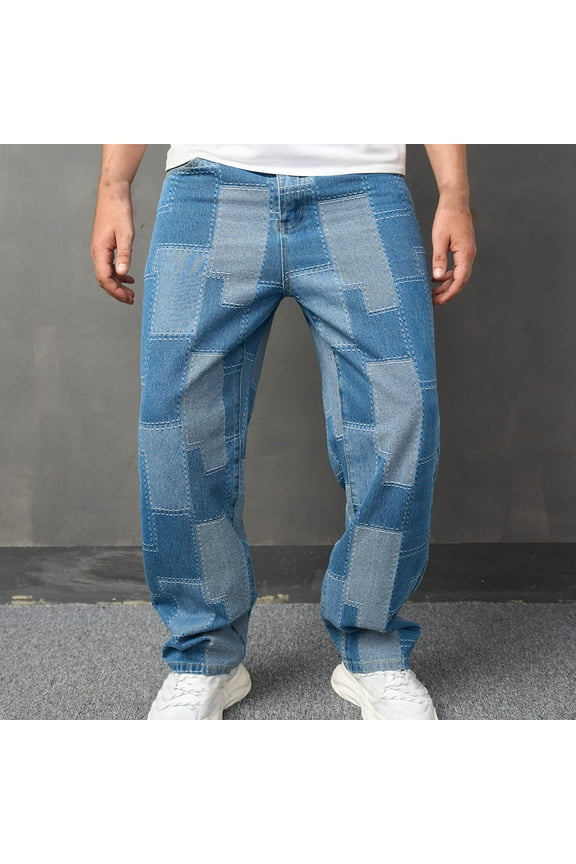 Jeans for Men Relaxed Fit or Loose Fit Light Blue Stitches Jeans Applique Cloth Zipper Wash Elastic Trend Outdoors Denim Trousers