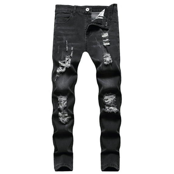 Jeans for Men Retro Hop Ripped Denim Pants Slim Fit Straight Leg Streetwear Long Trousers Y2K Jeans