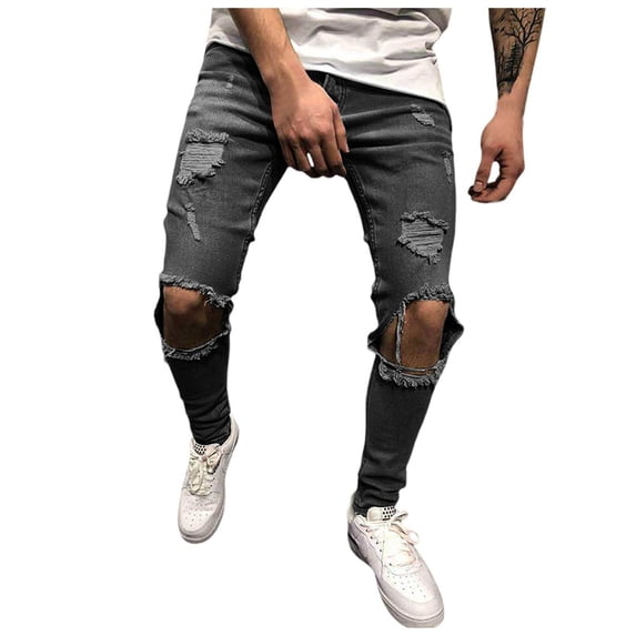 Jeans for Men Solid Color Flex Waist Slim Ripped Trousers Trendy Stretch Casual Relaxed Fit Outdoor Denim Pants