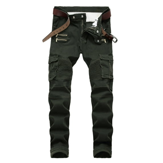 Jeans for Men Stretch Skinny Zipper Decoration Straight Leg Motorcycle Denim Trousers with Multi-Pockets Casual Slim Fit Pants for Men Army Green M