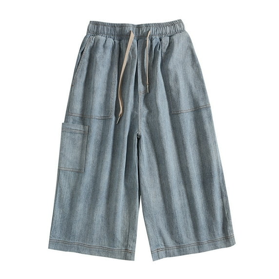 Jeans for Men Summer Casual Elastic Waist Drawstring Straight Wide Leg Denim Capri Trousers Loose Outdoor Activities Mens Pants Blue XXL