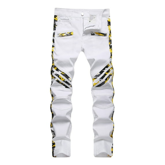 Jeans for Men White Trend Printed Colour Block Slim Fit Denim Trousers Stretch Casual Comfort Outdoor Denim Pants