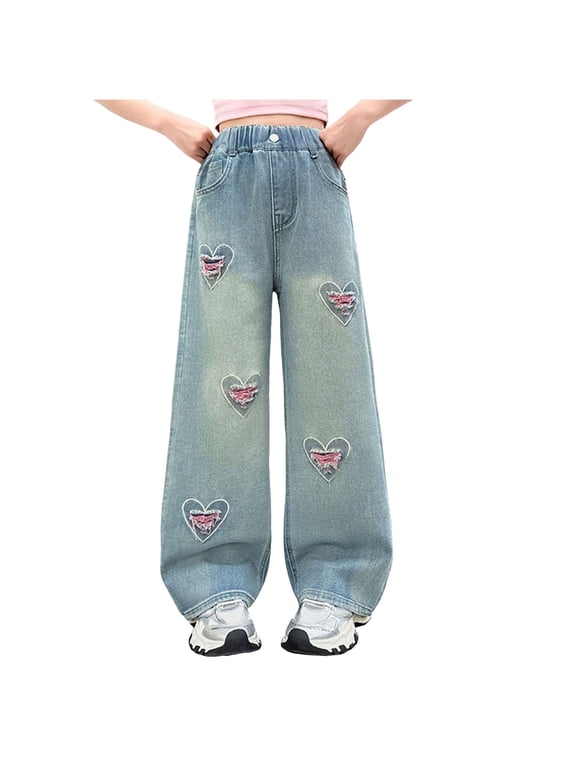 Jeans for Teen Girls Low Rise Girls Heart Print High Waist Jeans Loose Straight Leg Denim Pants Baggy Casual Trousers with Love Pattern