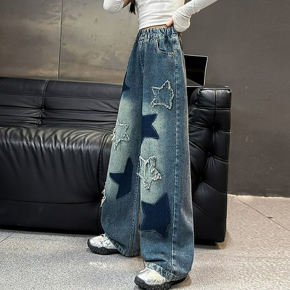 Jeans for Teen Girls Y2K Tween Girls Baggy Jeans-Elastic Waistband Wide Leg Denim Pants with Heart Embroidery, Streetwear for Girls