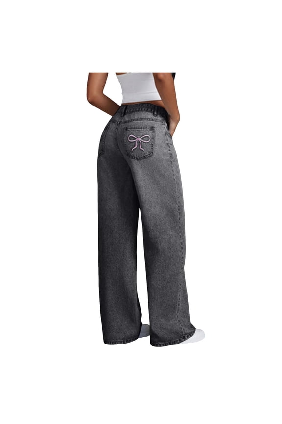 Jeans for Teen Girls with Diamond Girls Heart Print Baggy Jeans Cute Elastic Waist Straight Leg Denim Pants with Pockets
