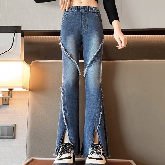 Jeans for Teens Flare Jeans Embroidered Jeans High Waist Denim Pants with Pockets for Teens 10-12 Years
