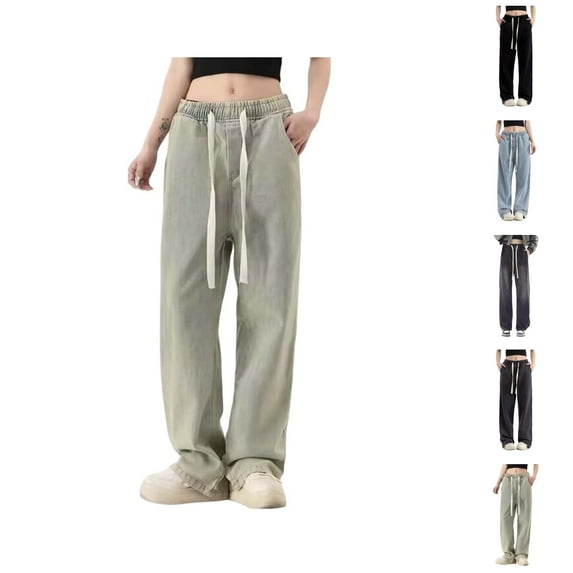 Jeans for Women 2025 Elastic Waist Drawstring Wide Leg Straight Pull On Denim Jean Pants Womens Jeans Trousers