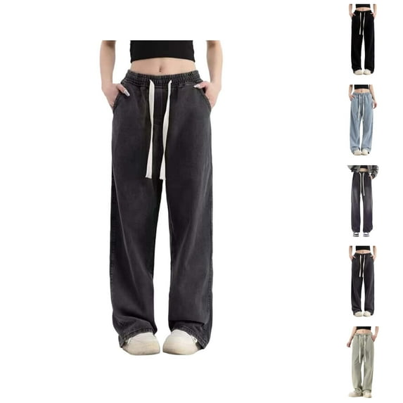 Jeans for Women 2025 Elastic Waist Drawstring Wide Leg Straight Pull On Denim Jean Pants Womens Jeans Trousers