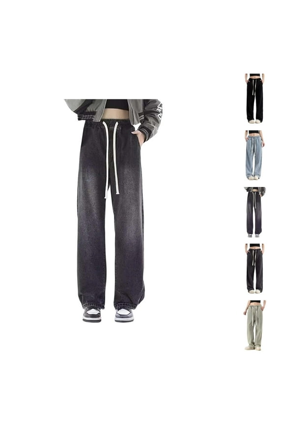 Jeans for Women 2025 Elastic Waist Drawstring Wide Leg Straight Pull On Denim Jean Pants Womens Jeans Trousers