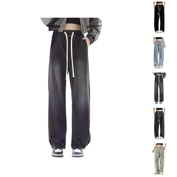 Jeans for Women 2025 Elastic Waist Drawstring Wide Leg Straight Pull On Denim Jean Pants Womens Jeans Trousers