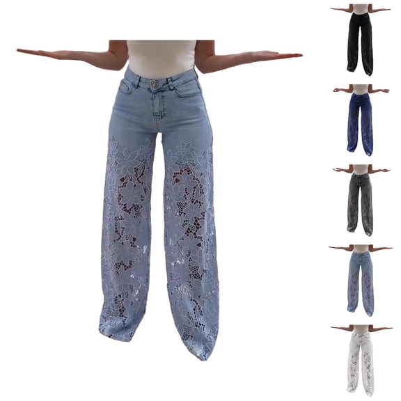 Jeans for Women 2025 Hollow Out Lace Patchwork High Waisted Wide Leg Denim Jean Pants Womens Jeans Trousers