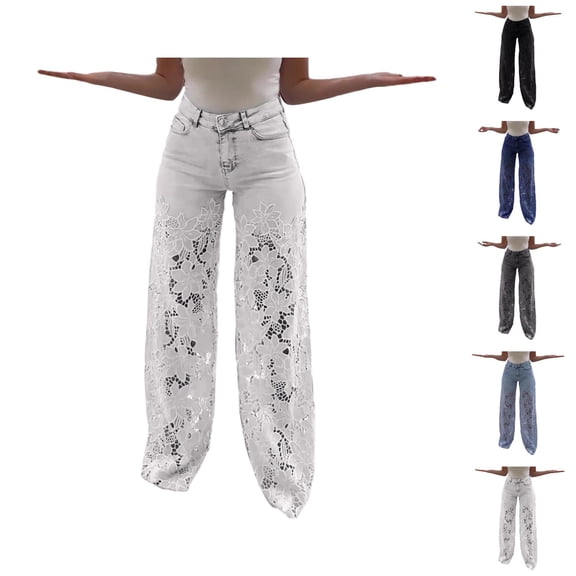 Jeans for Women 2025 Hollow Out Lace Patchwork High Waisted Wide Leg Denim Jean Pants Womens Jeans Trousers