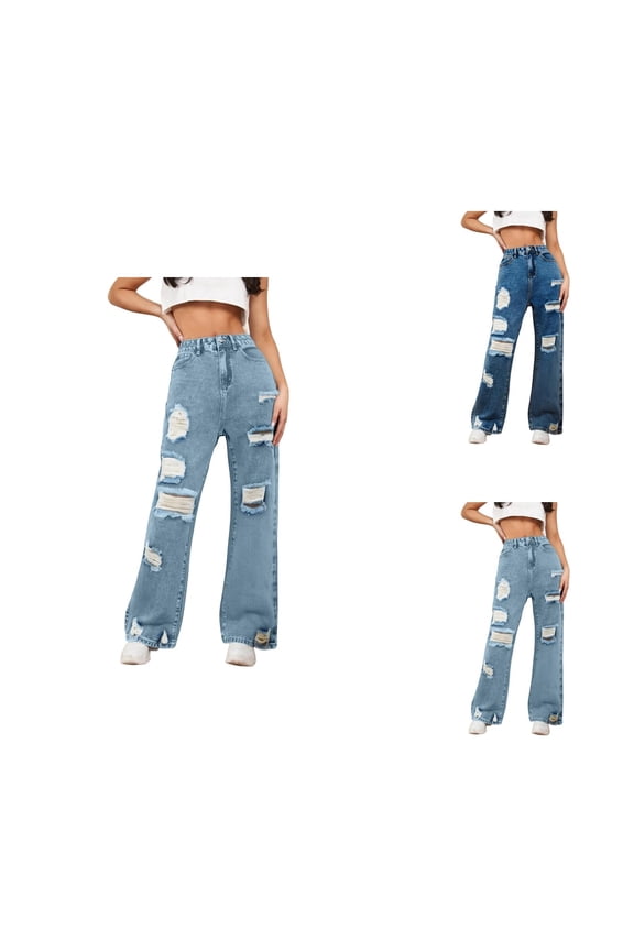 Jeans for Women 2025 Y2K Blue Wash Ripped Distressed Denim Pants High Waisted Straight Jean Pants Womens Jeans Trouser