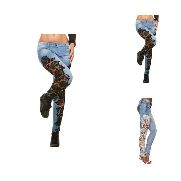 Jeans for Women 2025 Y2K Casual Hollow Out Lace Patchwork Slim Fit Skinny Jean Pants Womens Jeans Trousers