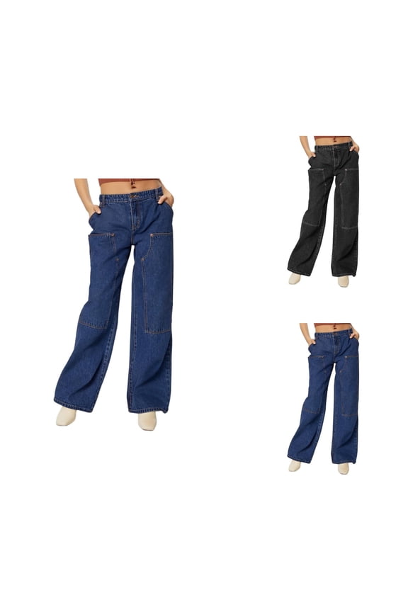 Jeans for Women 2025 Y2K Mid Rise Loose Straight Leg Cargo Denim Jean Pants with Utility Pockets Womens Jeans Trousers