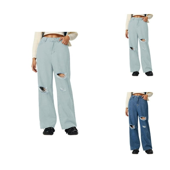 Jeans for Women 2025 Y2K Pearl Ripped Distressed High Waisted Wide Leg Denim Jean Pants Womens Jeans Trousers